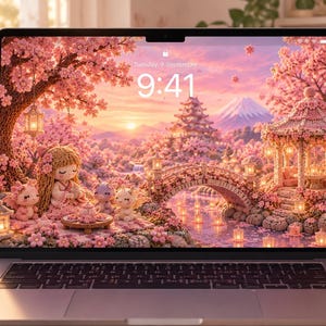 Pode incluir: Um portátil prateado exibindo um papel de parede digital de uma paisagem de cerejeiras cor-de-rosa com uma ponte, um pagode e pequenas figuras. O ecrã mostra a hora 9:41 e a data terça-feira, 9 de setembro, com moldura preta e câmara.
