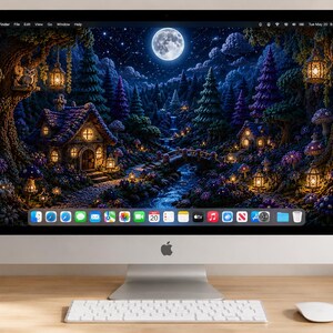 May include: A silver desktop computer with a thin bezel, a white keyboard, and a white mouse. The screen displays a digital illustration of a moonlit forest scene featuring a small cottage, a stone bridge over a stream, and glowing lanterns.