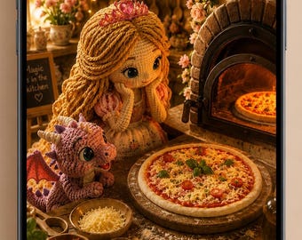 Enchanted Crochet Princess Pizza Kitchen Wallpaper | Cute Amigurumi Cottagecore iPhone Lock Screen Background