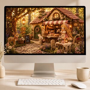 Könnte beinhalten: Ein Desktop-Computermonitor zeigt eine digitale Illustration einer märchenhaften Bäckereiszene mit einer Puppe, einem Kaninchen und einem Rehkitz. Die Szene umfasst ein Steinhäuschen, einen Kopfsteinpflasterweg, Blumen und eine warme Beleuchtung im Wald.