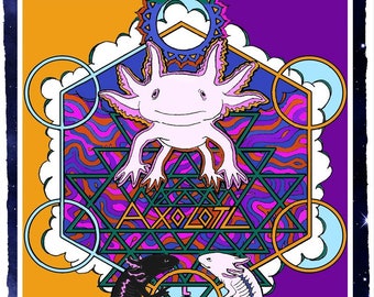 Axolotl Art- Sri Yantra Mandala - Sacred Geometry Art - Axolotl Illustration - Classroom Decor - Meditation Room - Love Enlightenment