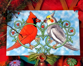 Holiday Greeting Card w Birds- Cardinal & Cockatiel in the Tree of Life!  Peace on Earth, Yule, New Years, Christmas, Hanukkah, Blank inside