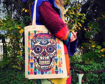 Sugar Skull Cotton Canvas Tote Bag, Rainbow Skull Tote, Original Day of the Dead Art