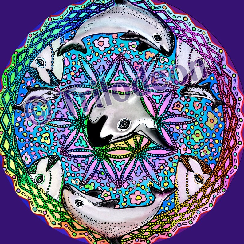 May include: A circular digital art print featuring multiple dolphins in a mandala design. The dolphins are white and gray, set against a vibrant background of blue, pink, and green floral and geometric patterns. The artwork has a whimsical, colorful aesthetic.