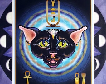 パピルス画 額装 猫の女神バステト 家庭の守護神 厄除け　【額縁込】 バステトのパピルス絵画 – エジプトの猫の女神の芸術、手描きの象形