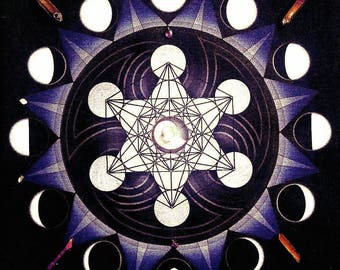 Moon Phase Crystal Grid, Sacred Geometry Altar Cloth, Goddess Tapestry, Manifestation Moon Ritual, Merkaba Metatron, Metaphysical Gift