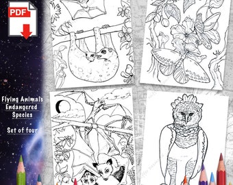 Flying creatures coloring set! Endangered Species- PDF, Printable Coloring page, Digital Download- Butterfly, Flying Fox, Eagle, Colugo