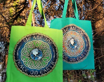 Cotton Canvas Tote Bag, Green tote, Celtic Knotwork, Planet Earth, Eco Friendly Gift, Irish art, color therapy, Earth Day, St. Patricks Day