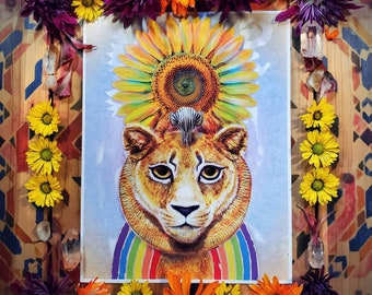 Sekhmet Art Print - Egyptian Goddess - Lioness Leo - Goddess of Feminine Power and Protection- Egyptian art- Bast Sunflower Rainbow art