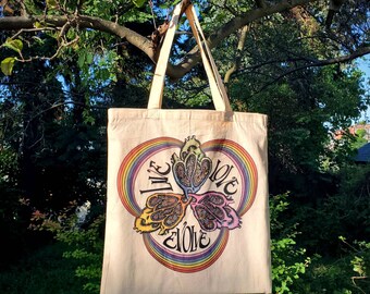 Rainbow Hearts Cotton Canvas Tote Bag, Pride Tote, Reusable Market bag, Live Love Evolve