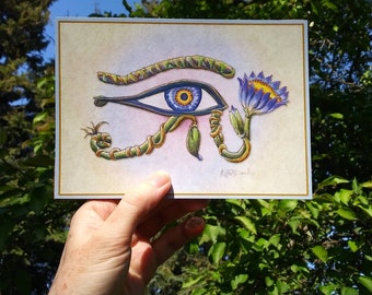 Eye of Horus Art Print - Egyptian Blue Lotus Flower - Botanical Art Print- Egyptian Home Decor - Eye of Horus Symbol Art Print 5x7 or 8x10
