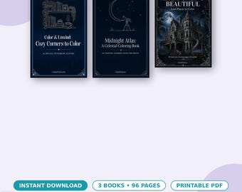 Adult Coloring Book Bundle: Cozy Rooms, Celestial Scenes and Abandoned Places, 3 Printable Books