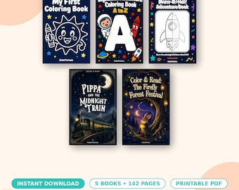 Kids Coloring Book Bundle: 5 Printable Books, Alphabet, Tracing and Bedtime Stories, PDF