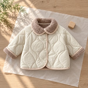 Peut inclure: Une veste matelassée couleur crème avec un motif de surpiqûres ondulées, un col arrondi doublé de fausse fourrure marron, des manches longues avec des poignets en fausse fourrure assortis et une fermeture frontale à trois boutons.