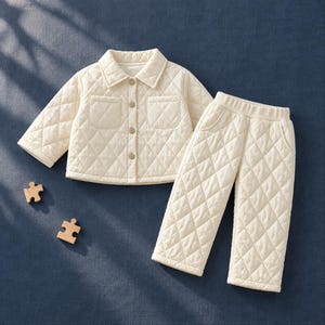 May include: A cream-coloured quilted two-piece set consisting of a long-sleeved button-down jacket with a collar and two chest pockets, paired with matching elastic-waist trousers. The fabric features a diamond-stitched pattern throughout.