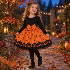 May include: A long-sleeved dress featuring a black bodice and an orange skirt with a black star pattern and a row of jack-o'-lantern faces along the hem. The skirt is accented with a large orange bow at the waist and a black tulle trim at the bottom.