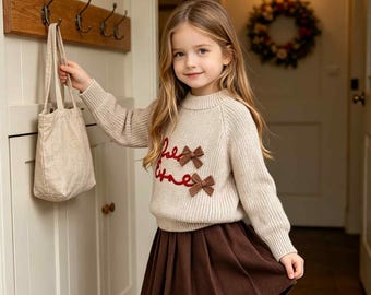 Girls 2Pcs Outfit Set, Embroidered Bow Knit Sweater + Pleated Skirt, Soft Cotton, Fall Daily Wear, Toddler Birthday Gift