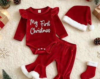 Mijn eerste kerstoutfit voor babymeisjes: fluwelen outfit, romper met lange mouwen en ruches, wijde broek en kerstmuts, perfect voor een kerstfotoshoot.