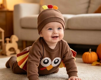 Baby Thanksgiving Turkey Costume Romper Set, Long Sleeve Brown Jumpsuit with Hat, Infant Holiday Outfit, Perfect Thanksgiving Gift for Baby