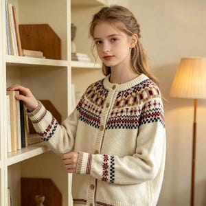 Könnte beinhalten: Eine cremefarbene Strickjacke mit Rundhalsausschnitt und durchgehender Knopfleiste. Das Kleidungsstück ist im Brustbereich, an den Schultern und an den Ärmelbündchen mit einem mehrfarbigen Fair-Isle-Muster in Bordeaux, Marineblau und Beige versehen.