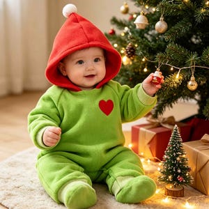 May include: A soft lime green fleece jumpsuit with a red heart appliqué on the chest and an attached red hood featuring a white pom-pom at the tip. The garment has long sleeves with ribbed cuffs and integrated footed bottoms for full coverage.