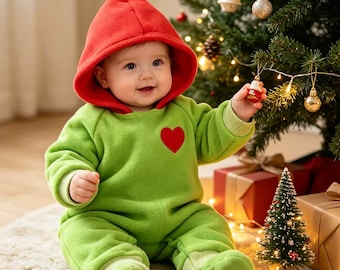 Tutina natalizia con cappuccio a tema Grinch per neonati, tutina a maniche lunghe con cuori verdi, costume natalizio per neonati, completo natalizio per neonati, regalo per baby shower