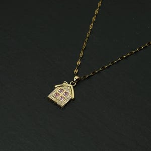 Gold House Necklace, Tiny Home Pendant with Pink Crystal Windows, New Home Housewarming Gift