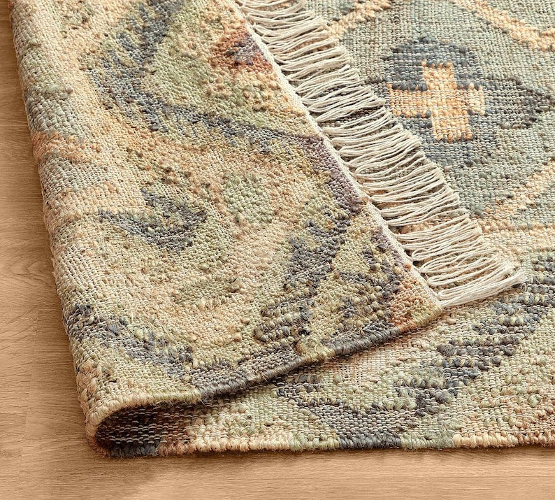 Angle demonstrating how this elegant geometric boho design translates flawlessly into a 3x22 rug runner, providing a much cleaner, premium look for hallways than standard mass-produced candanavian rugs.