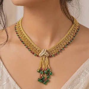 22K Gold Emerald Ruby Tassel Necklace, Natural Diamond Pendant, Indian Bridal Statement Jewelry