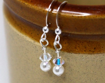 Swarovski Crystal and Pearl Earrings, White Bridal Earrings, Bridesmaids Earrings, STERLING SILVER, Simple, Dainty, Delicate