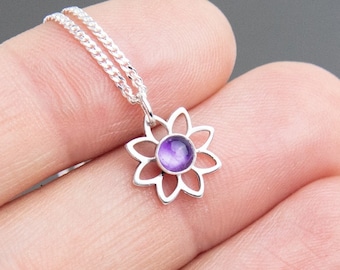 Amethyst Flower Necklace, Silver Flower Necklace, Flower Pendant, February Birthstone Necklace, Birthstone Flower Necklace