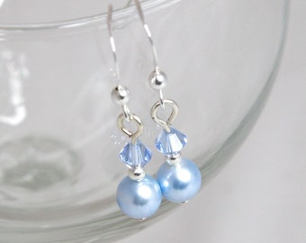 Blue Bridal Earrings, Something Blue Earrings, Swarovski Crystal and Pearl Earrings, Wedding Earrings