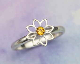 Silver Flower Ring, Citrine Flower Ring, Tiny Flower Ring