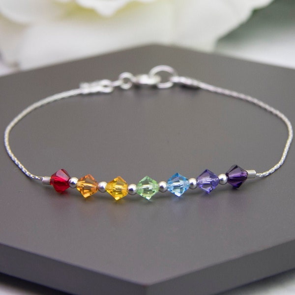 Chakra Bracelet, Rainbow Bracelet, Swarovski Chakra Bracelet, Swarovski Rainbow Bracelet, Sterling Silver 7 Chakras Bracelet