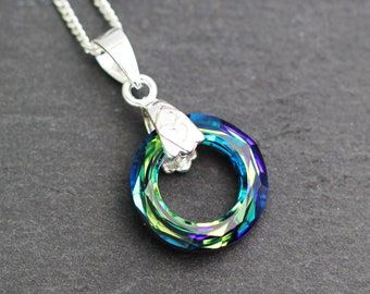 Blue Swarovski Necklace, Swarovski Blue Cosmic Ring Necklace, Bermuda Blue Pendant, Sterling Silver Cosmic Ring, Swarovksi Necklace