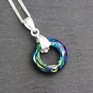 Blue Swarovski Necklace, Swarovski Blue Cosmic Ring Necklace, Bermuda Blue Pendant, Sterling Silver Cosmic Ring, Swarovksi Necklace