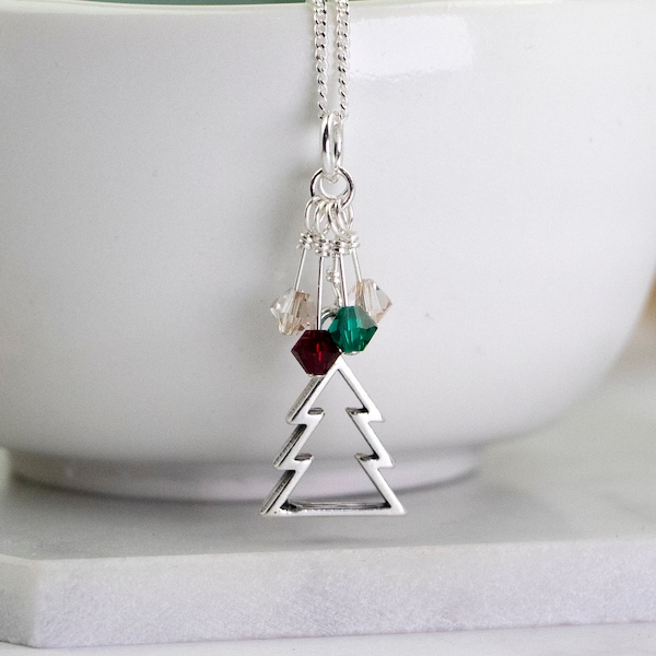 Christmas Tree Necklace, Silver Christmas Tree, Red, Green and Gold Christmas Tree Necklace, Christmas Necklace