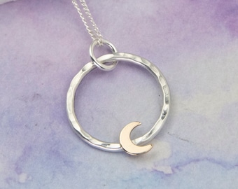 Moon Circle Necklace, Hammered Moon Necklace, Gold and Silver Moon Pendant, Gold Moon Necklace