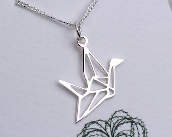 Sterling Silver Bird Necklace, Silver Crane Necklace, Silver Origami Bird Necklace,