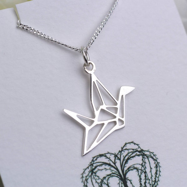 Sterling Silver Bird Necklace, Silver Crane Necklace, Silver Origami Bird Necklace,