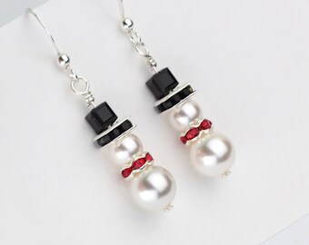 Snowman Earrings, Christmas Earrings, Swarovski Snowman Earrings, Sterling Silver Snowman Earrings