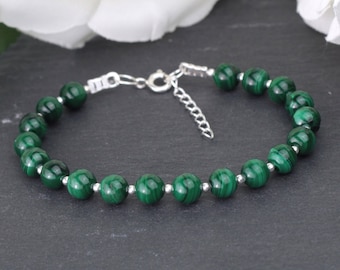 Malachite Bracelet, Silver Malachite Bracelet, Gemstone Bracelet, Malachite Stacking Bracelet, Gemstone Stacking Bracelet, 6mm Malachite