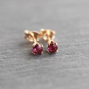 May include: A pair of gold stud earrings with small, round, deep pink gemstones.