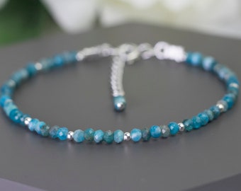 Tiny Apatite Bracelet, Blue Apatite Bracelet, Silver Apatite Bracelet, Apatite Bead Bracelet