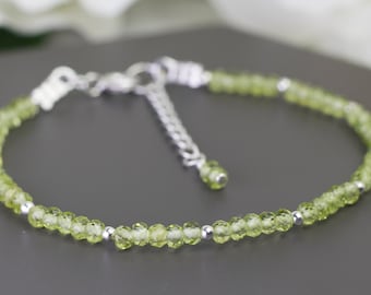 Tiny Peridot Bracelet, August Birthstone Bracelet, Silver Peridot Bracelet, Peridot Bead Bracelet