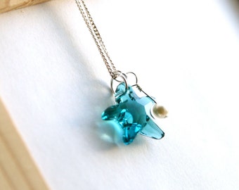 Swarovski Starfish Necklace, Beach Necklace, Starfish and Pearl, Blue Starfish Necklace, Something Blue Necklace