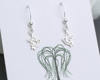 Silver Dove Earrings, Silver Peace Earrings, Dove Drop Earrings