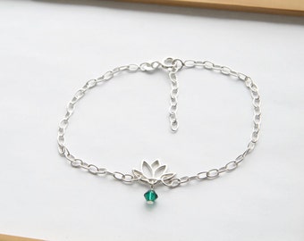 Sterling Silver Lotus Bracelet, Harmony Bracelet, Yoga Bracelet, Birthstone Lotus Bracelet