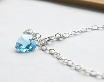 March Birthstone Bracelet, Blue Swarovski Heart Bracelet, Aquamarine Heart Bracelet, Something Blue Bracelet, Simple Heart Bracelet