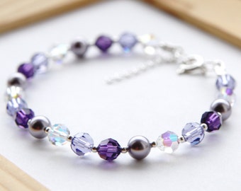 Purple Swarovski and Pearl Bridal Bracelet, Purple Bridesmaids Bracelet, Purple Wedding Bracelet, Purple Swarovski Bracelet